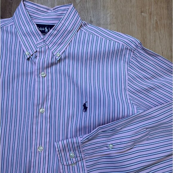 90s Ralph Lauren Mens Cotton Button Down Striped Shirt Pink Blue White 32/33 - Picture 2 of 8